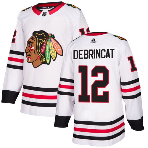 Personalized Blackhawks #12 Alex DeBrincat White Road Authentic Stitched Hockey Jersey