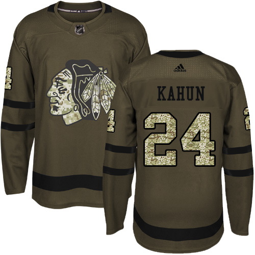 Personalized Blackhawks #24 Dominik Kahun Green Salute to Service Stitched Hockey Jersey