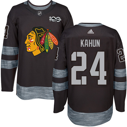 Personalized Blackhawks #24 Dominik Kahun Black 1917-2017 100th Anniversary Stitched Hockey Jersey