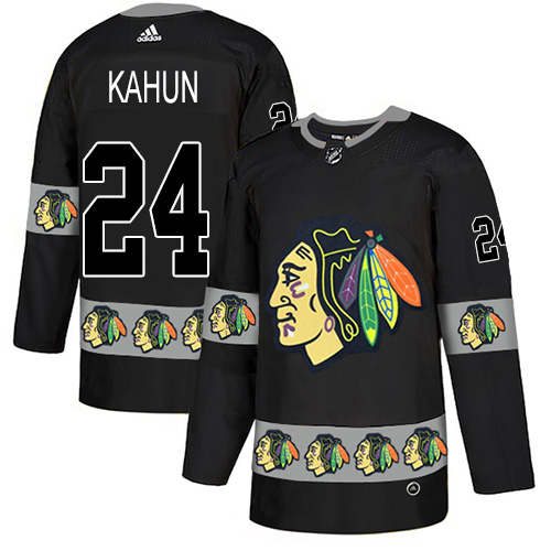 Personalized Blackhawks #24 Dominik Kahun Black Authentic Team Logo Fashion Stitched Hockey Jersey