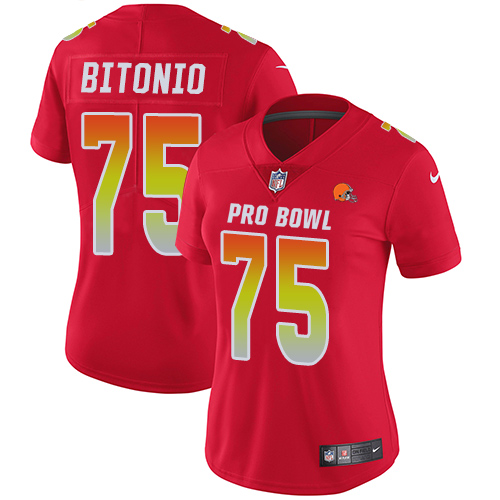 Personalized Browns #75 Joel Bitonio Red Women’s Stitched Football Limited AFC 2019 Pro Bowl Jersey
