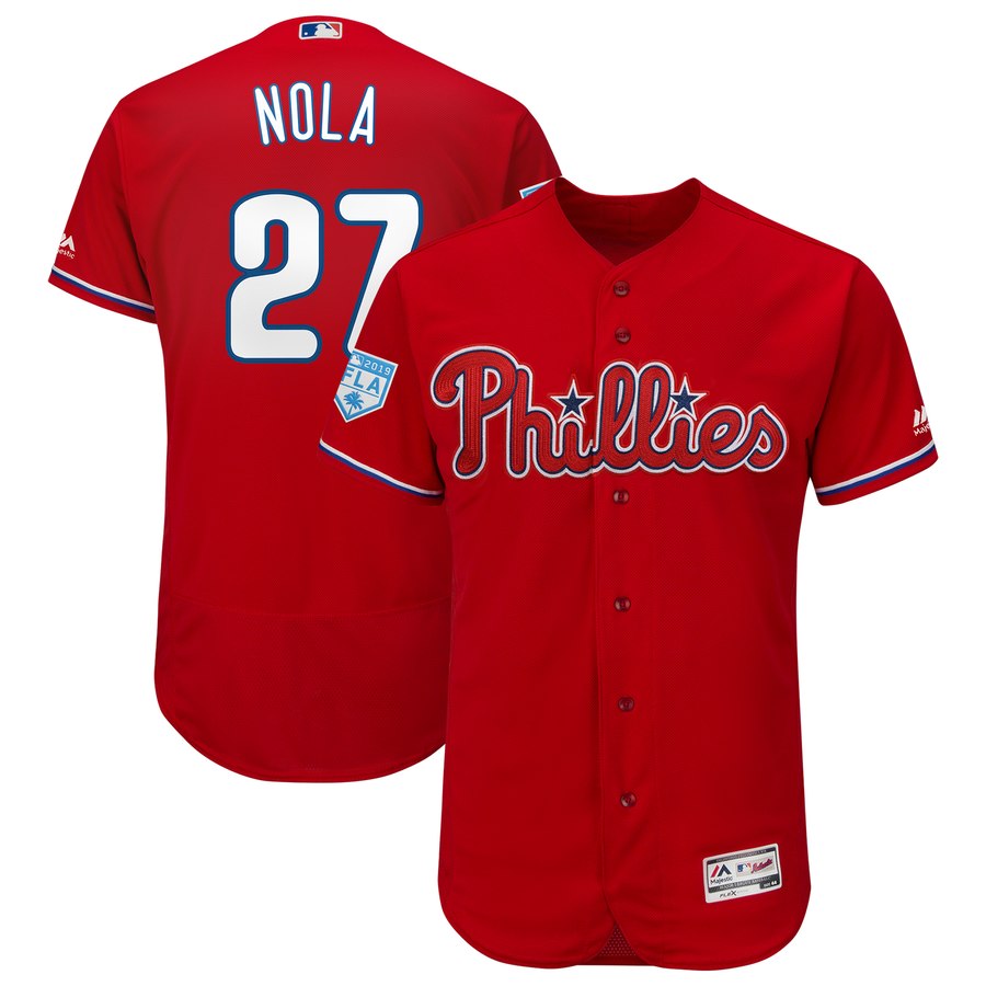 Personalized Men’s Philadelphia Phillies #27 Aaron Nola Majestic Scarlet 2019 Spring Training Flex Base Player Jersey