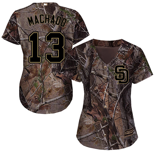 Personalized Women’s Padres #13 Manny Machado Camo Realtree Collection Cool Base Women’s Stitched Baseball Jersey