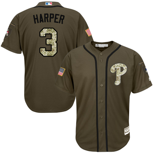Personalized Youth Phillies #3 Bryce Harper Green Salute to Service Stitched Youth Baseball Jersey