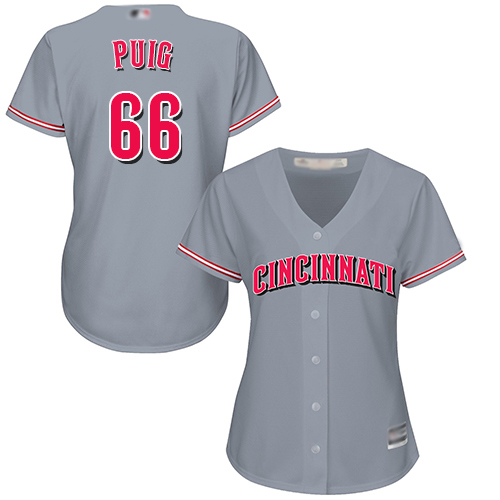 Personalized Reds #66 Yasiel Puig Grey Road Women’s Stitched Baseball Jersey