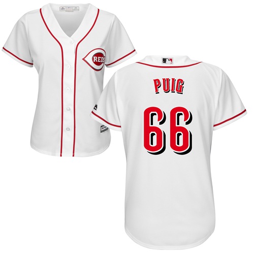 Personalized Reds #66 Yasiel Puig White Home Women’s Stitched Baseball Jersey