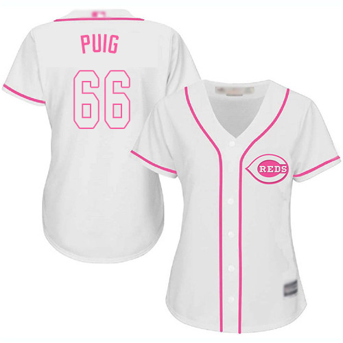 Personalized Reds #66 Yasiel Puig White Pink Fashion Women’s Stitched Baseball Jersey