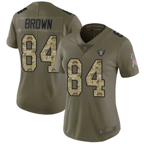 Personalized Raiders #84 Antonio Brown Olive Camo Women’s Stitched Football Limited 2017 Salute to Service Jersey