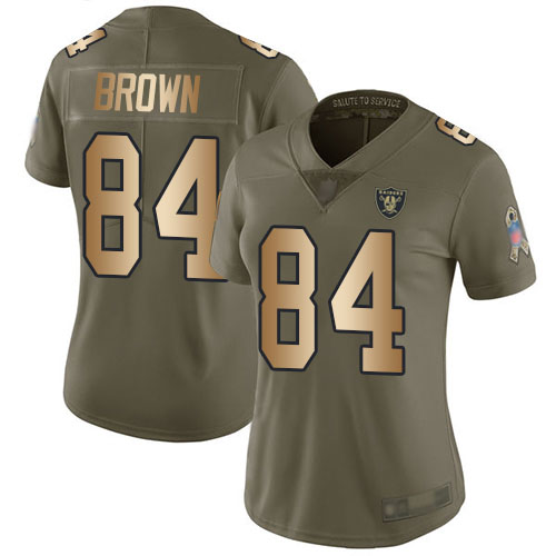 Personalized Raiders #84 Antonio Brown Olive Gold Women’s Stitched Football Limited 2017 Salute to Service Jersey