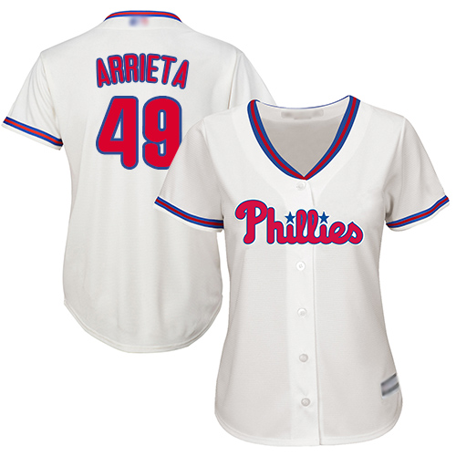 Personalized Phillies #49 Jake Arrieta Cream Alternate Women’s Stitched Baseball Jersey