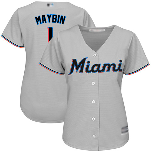 Personalized Marlins #1 Cameron Maybin Grey Road Women’s Stitched Baseball Jersey