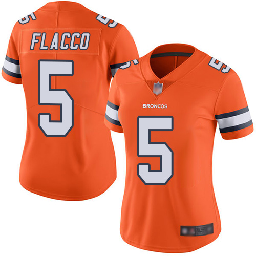 Personalized Broncos #5 Joe Flacco Orange Women’s Stitched Football Limited Rush Jersey