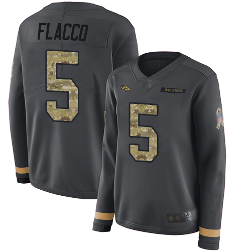 Personalized Broncos #5 Joe Flacco Anthracite Salute to Service Women’s Stitched Football Limited Therma Long Sleeve Jersey