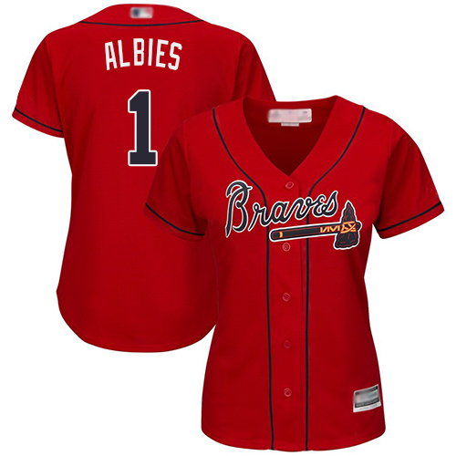 Personalized Braves #1 Ozzie Albies Red Alternate Women’s Stitched Baseball Jersey