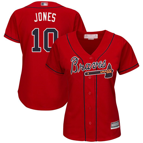 Personalized Braves #10 Chipper Jones Red Alternate Women’s Stitched Baseball Jersey