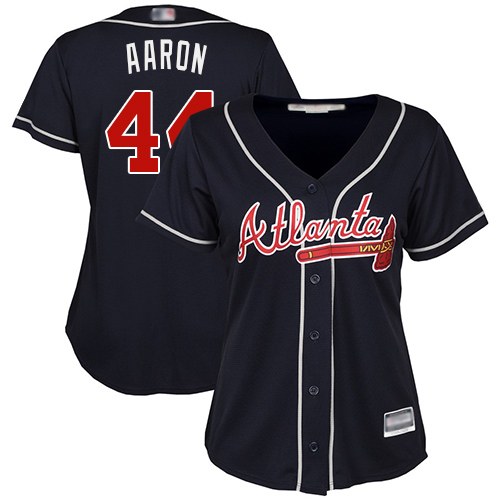 Personalized Braves #44 Hank Aaron Navy Blue Alternate Women’s Stitched Baseball Jersey