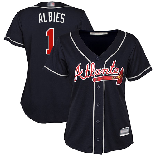 Personalized Braves #1 Ozzie Albies Navy Blue Alternate Women’s Stitched Baseball Jersey