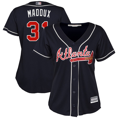 Personalized Braves #31 Greg Maddux Navy Blue Alternate Women’s Stitched Baseball Jersey