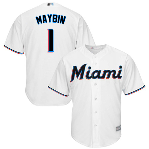 Personalized Marlins #1 Cameron Maybin White Cool Base Stitched Youth Baseball Jersey