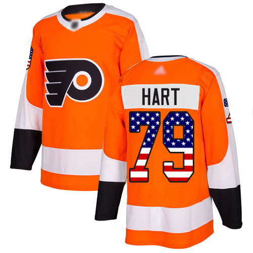 Personalized Flyers #79 Carter Hart Orange Home Authentic USA Flag Stitched Hockey Jersey