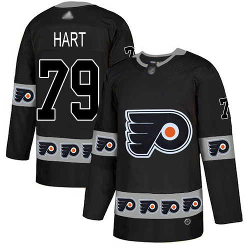 Personalized Flyers #79 Carter Hart Black Authentic Team Logo Fashion Stitched Hockey Jersey