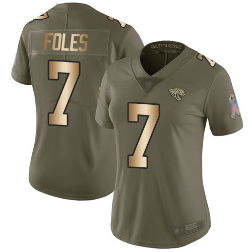 Personalized Jaguars #7 Nick Foles Olive Gold Women’s Stitched Football Limited 2017 Salute to Service Jersey