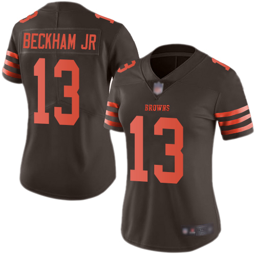 Personalized Browns #13 Odell Beckham Jr Brown Women’s Stitched Football Limited Rush Jersey