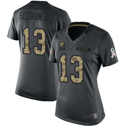 Personalized Browns #13 Odell Beckham Jr Black Women’s Stitched Football Limited 2016 Salute to Service Jersey