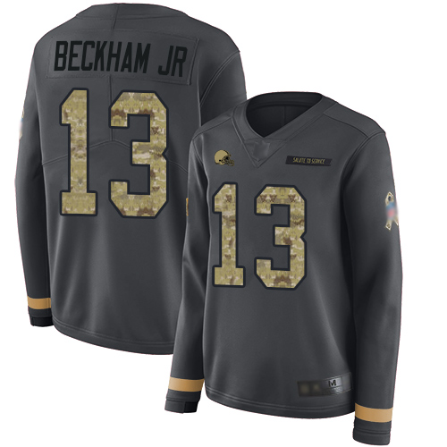 Personalized Browns #13 Odell Beckham Jr Anthracite Salute to Service Women’s Stitched Football Limited Therma Long Sleeve Jersey