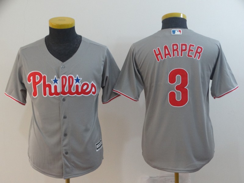 Personalized Youth Phillies 3 Bryce Harper Gray Youth Cool Base Jersey