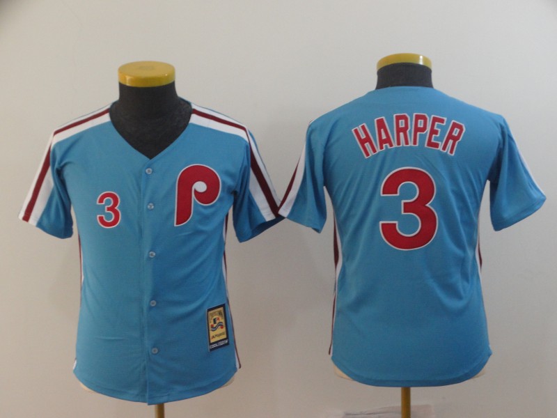 Personalized Youth Phillies 3 Bryce Harper Light Blue Youth Cool Base Cooperstown Jersey