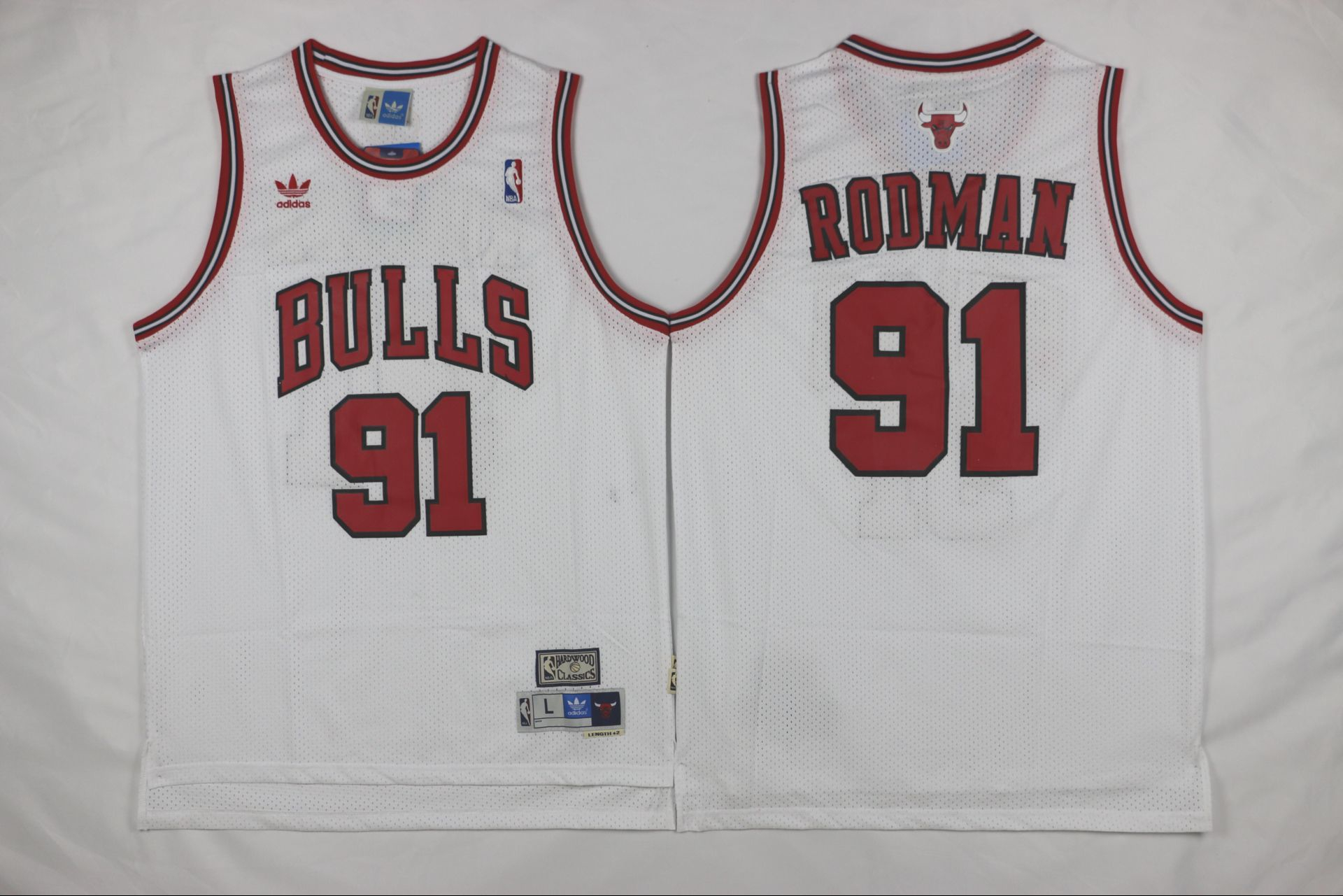 Personalized Bulls 91 Dennis Rodman White Mesh Hardwood Classics Jersey