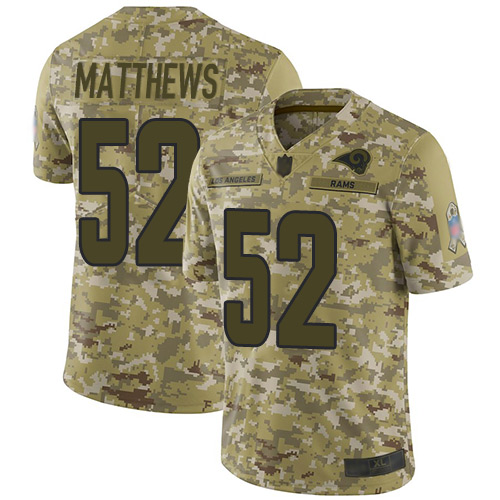 Personalized Rams #52 Clay Matthews Camo Youth Stitched Football Limited 2018 Salute to Service Jersey