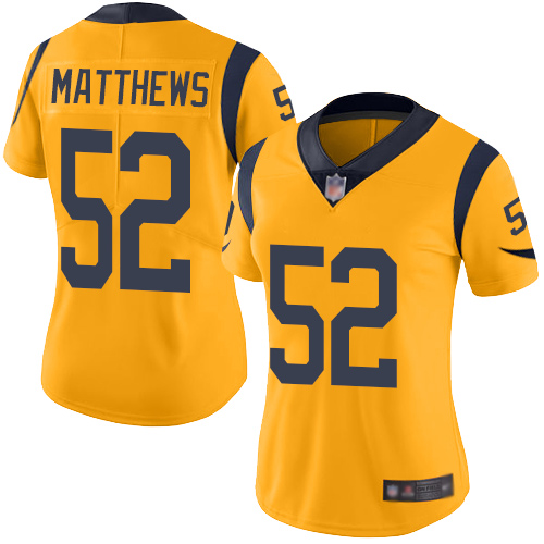 Personalized Rams #52 Clay Matthews Gold Women’s Stitched Football Limited Rush Jersey