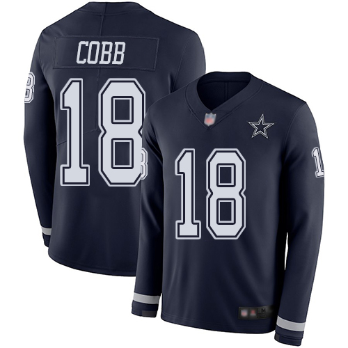 Personalized Cowboys #18 Randall Cobb Navy Blue Team Color Men’s Stitched Football Limited Therma Long Sleeve Jersey