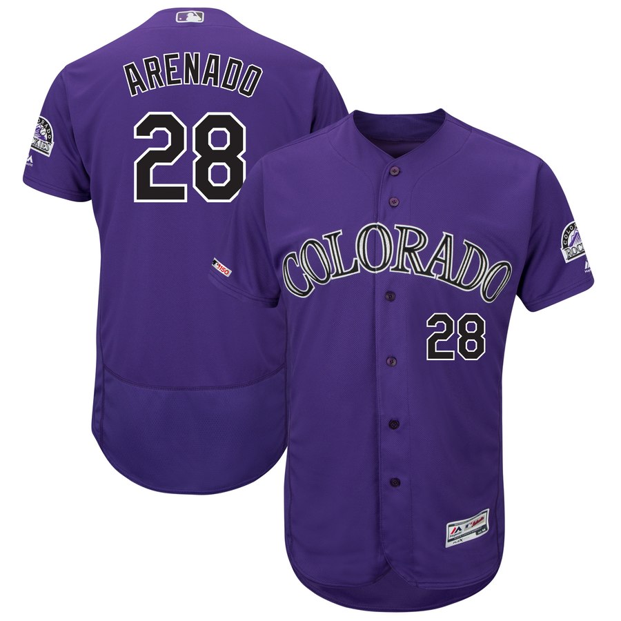 Personalized Rockies 28 Nolan Arenado Purple 150th Patch Flexnase Jersey