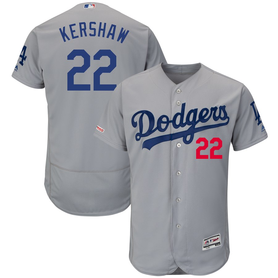 Personalized Dodgers 22 Clayton Kershaw Gray 150th Patch Flexbase Jersey