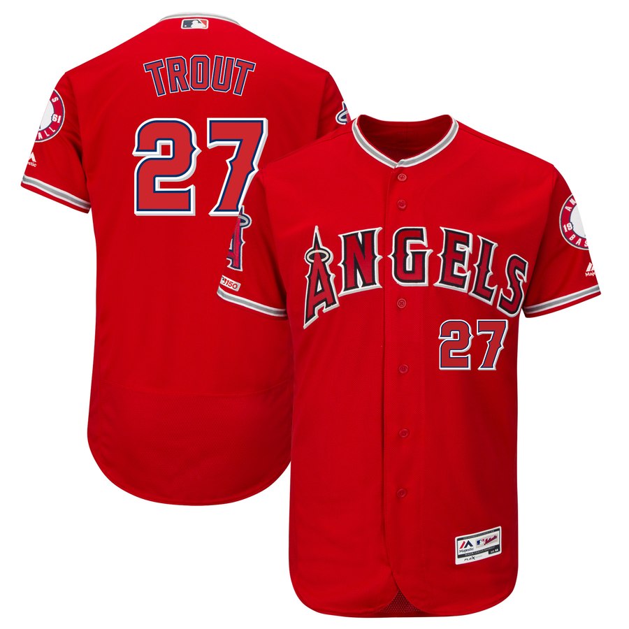 Personalized Angels 27 Mike Trout Scarlet 150th Patch Flexbase Jersey