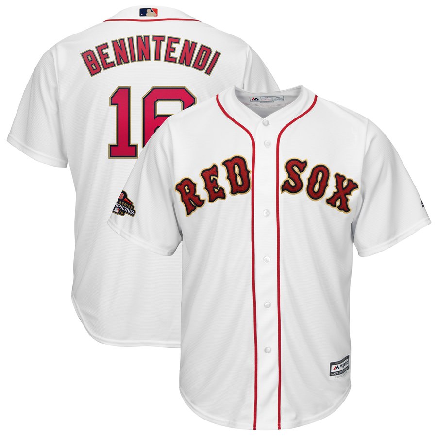 Personalized Red Sox 16 Andrew Benintendi White Youth 2019 Gold Program Cool Base Jersey