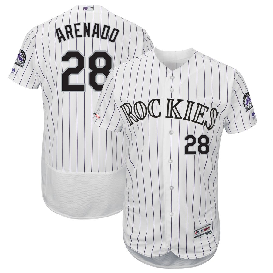 Personalized Rockies 28 Nolan Arenado White 150th Patch Flexbase Jersey