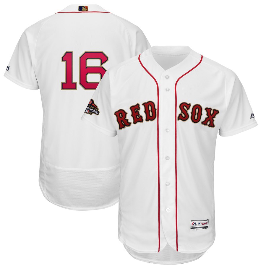 Personalized Red Sox 16 Andrew Benintendi White 2019 Gold Program FlexBase Jersey