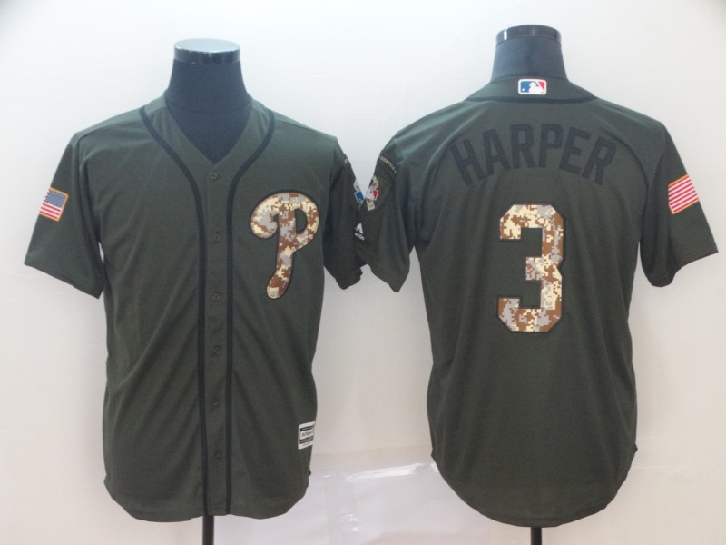 Personalized Phillies 3 Bryce Harper Olive Camo Salute To Service Cool Base Jersey