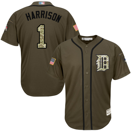 Personalized Tigers #1 Josh Harrison Green Salute to Service Stitched Baseball Jersey
