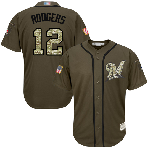 Personalized Brewers #12 Aaron Rodgers Green Salute to Service Stitched Baseball Jersey