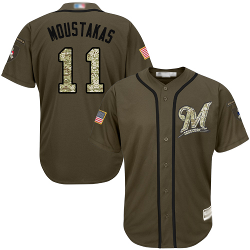 Personalized Brewers #11 Mike Moustakas Green Salute to Service Stitched Baseball Jersey