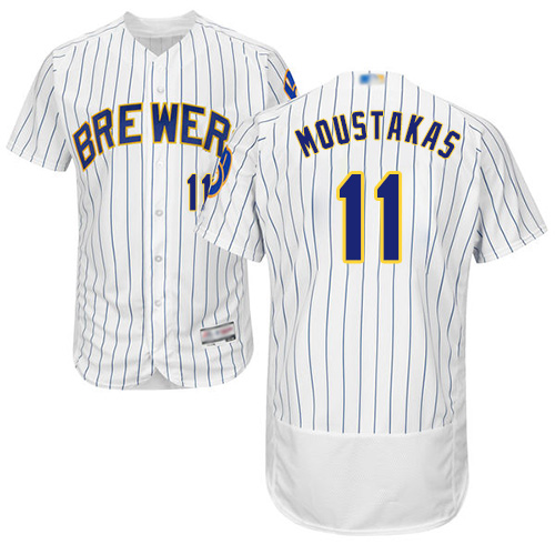 Personalized Brewers #11 Mike Moustakas White Strip Flexbase Authentic Collection Stitched Baseball Jersey