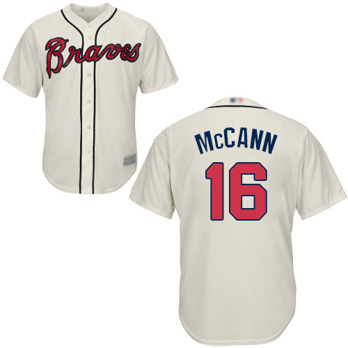 Personalized Braves #16 Brian McCann Cream Cool Base Stitched Youth Baseball Jersey