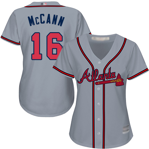 Personalized Braves #16 Brian McCann Grey Road Women’s Stitched Baseball Jersey