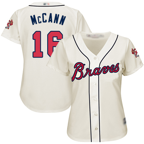 Personalized Braves #16 Brian McCann Cream Alternate Women’s Stitched Baseball Jersey
