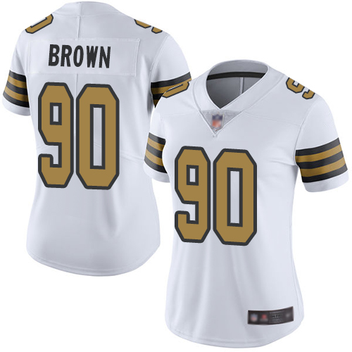 Personalized Saints #90 Malcom Brown White Women’s Stitched Football Limited Rush Jersey